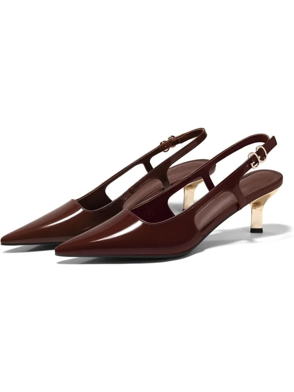 Women's Red/Brown Low Kitten Heel Slingback Pump Closed Pointed Toe Buckle Shoes